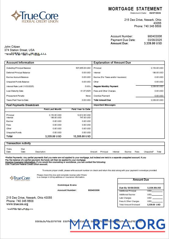 Realistic USA TrueCore Federal Credit Union account mortgage statement in Word and PDF formats example